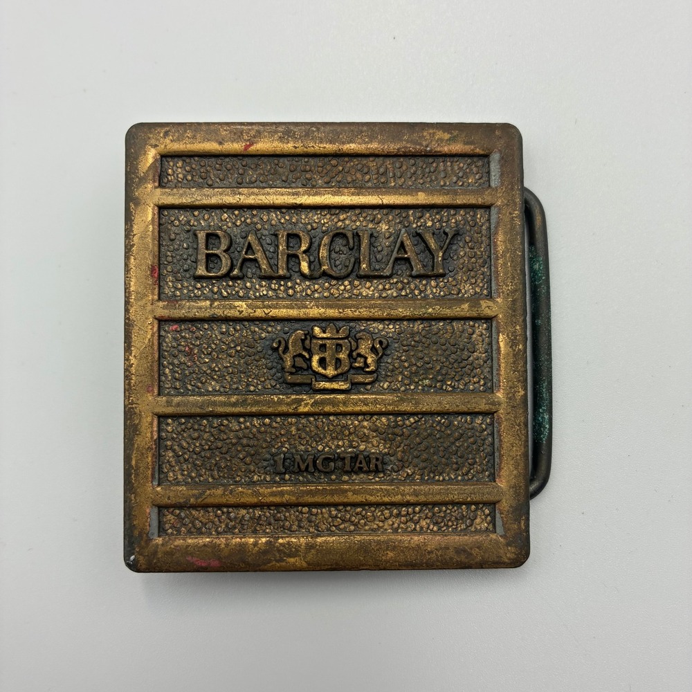 Vintage Barclay 1mg Tar Cigarette Advertising Belt Buckle Brass Tone Logo Crest